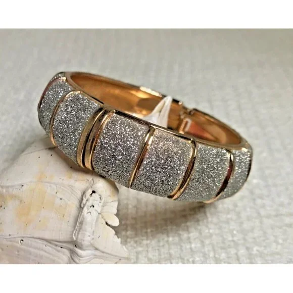Gold Tone Hinged Bracelet with Pave Crystals -Glitzy Blingy Sparkly - 1/2" Wide - Picture 2 of 6